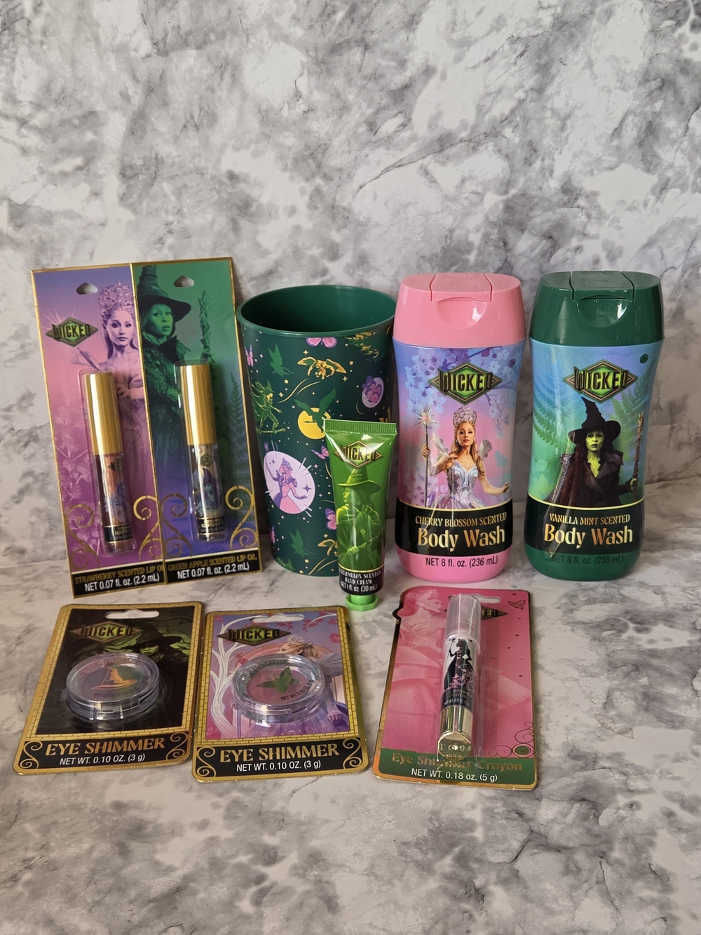 Wicked Makeup, Hand Cream, Body Wash & Cup Bundle of 9 Pieces - Pink, Green